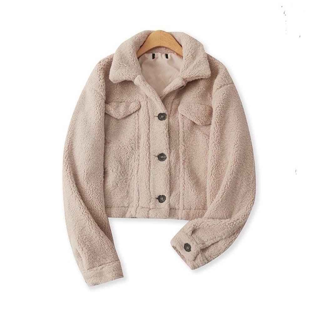 open front button down Cozy Beige Fleece Jacket